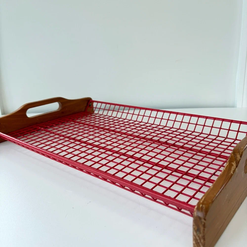 Vintage Red Wire Mesh Serving Tray Wooden Handles MCM Industrial Retro Grid